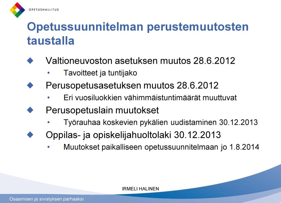 2012 Eri vuosiluokkien vähimmäistuntimäärät muuttuvat Perusopetuslain muutokset Työrauhaa