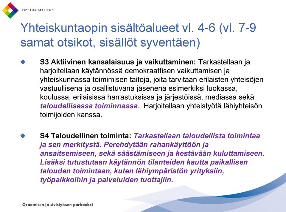 tarvitaan erilaisten yhteisöjen vastuullisena ja osallistuvana jäsenenä esimerkiksi luokassa, koulussa, erilaisissa harrastuksissa ja järjestöissä, mediassa sekä taloudellisessa toiminnassa.