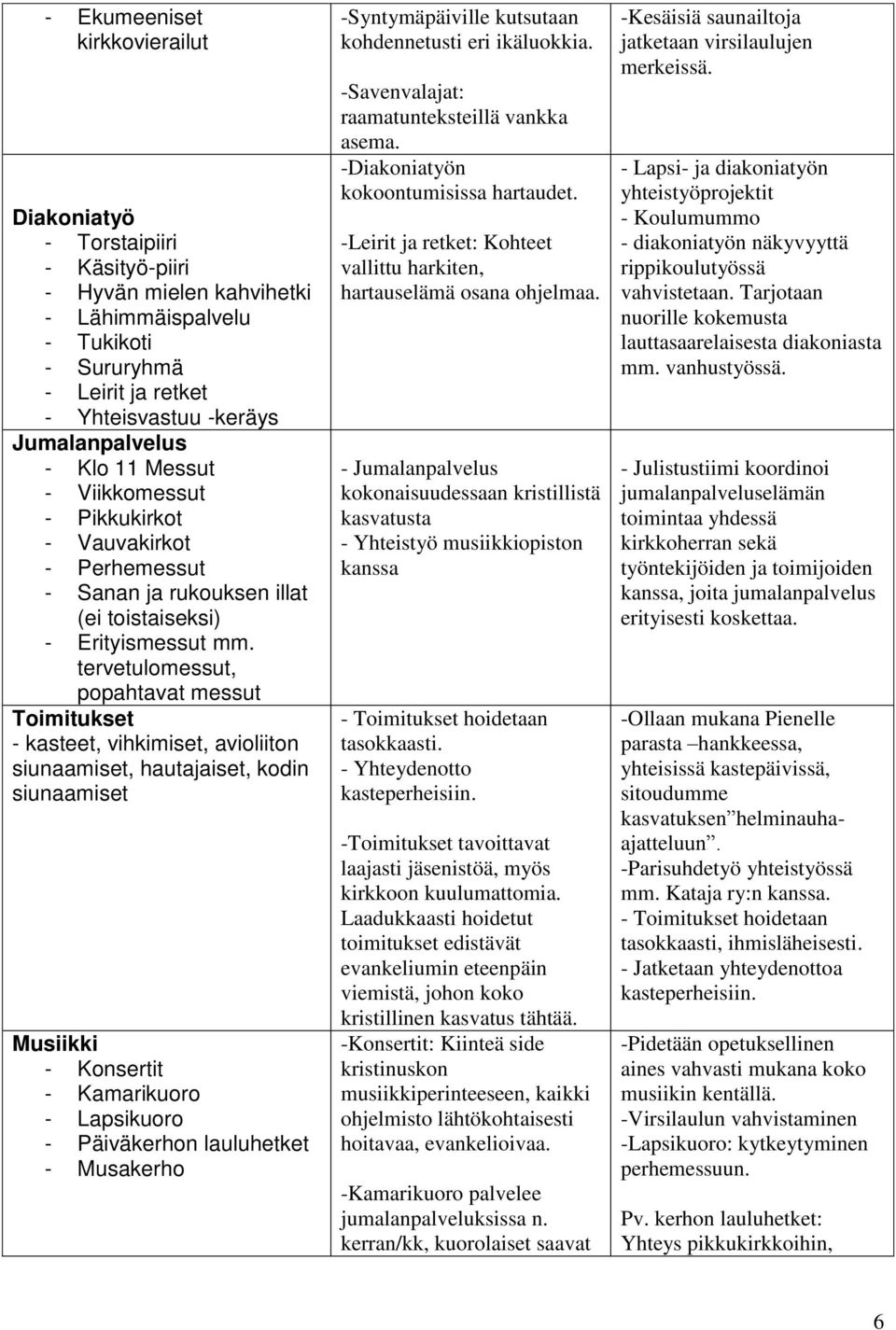 tervetulomessut, popahtavat messut Toimitukset - kasteet, vihkimiset, avioliiton siunaamiset, hautajaiset, kodin siunaamiset Musiikki - Konsertit - Kamarikuoro - Lapsikuoro - Päiväkerhon lauluhetket