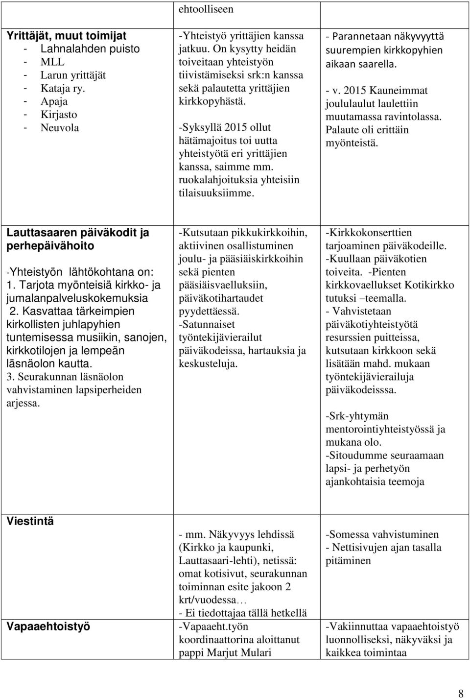 ruokalahjoituksia yhteisiin tilaisuuksiimme. - Parannetaan näkyvyyttä suurempien kirkkopyhien aikaan saarella. - v. 2015 Kauneimmat joululaulut laulettiin muutamassa ravintolassa.