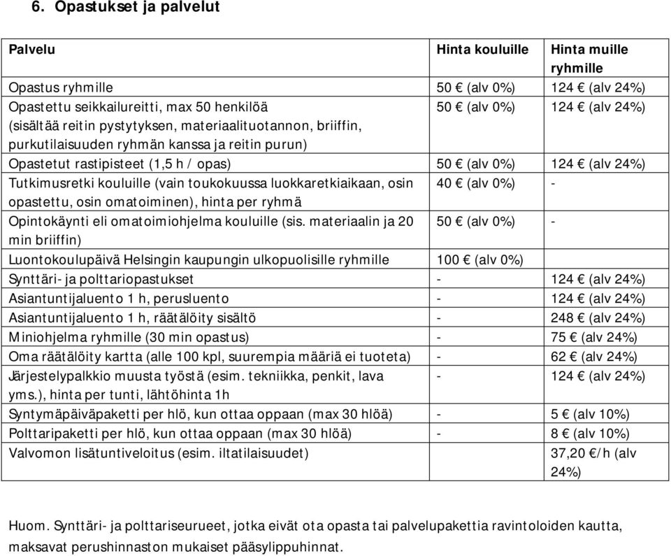 toukokuussa luokkaretkiaikaan, osin 40 (alv 0%) - opastettu, osin omatoiminen), hinta per ryhmä Opintokäynti eli omatoimiohjelma kouluille (sis.