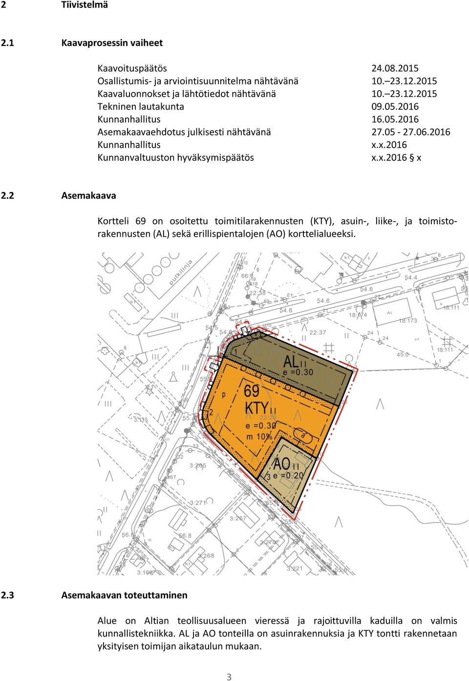 2 Asemakaava Kortteli 69 on osoitettu toimitilarakennusten (KTY), asuin-, liike-, ja toimistorakennusten (AL) sekä erillispientalojen (AO) korttelialueeksi. 2.