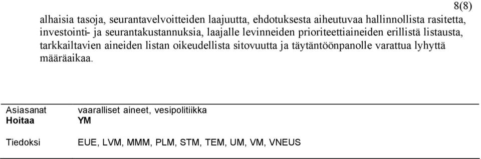 tarkkailtavien aineiden listan oikeudellista sitovuutta ja täytäntöönpanolle varattua lyhyttä määräaikaa.