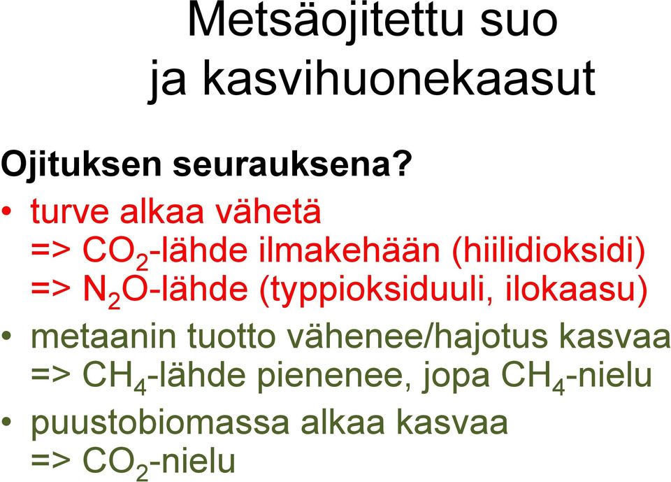 O-lähde (typpioksiduuli, ilokaasu) metaanin tuotto vähenee/hajotus kasvaa