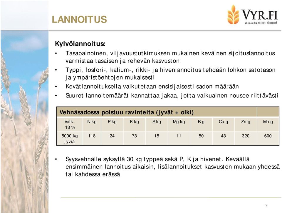 jakaa, jotta valkuainen nousee riittävästi Vehnäsadossa poistuu ravinteita (jyvät + olki) Valk.