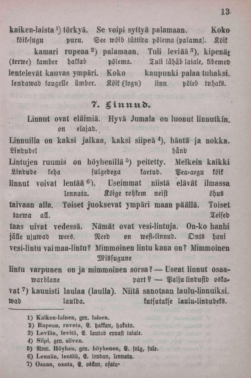 Hyvä Jumala on luonut linnutkin. Linnuilla on kaksi jalkaa, kaksi siipeä 4 ), harita ja nokka. Lindudel händ Lintujen ruumis on nõyhenillä 5 ) peitetty. Melkein kaikki Lindude leha sulgedega kaetud.