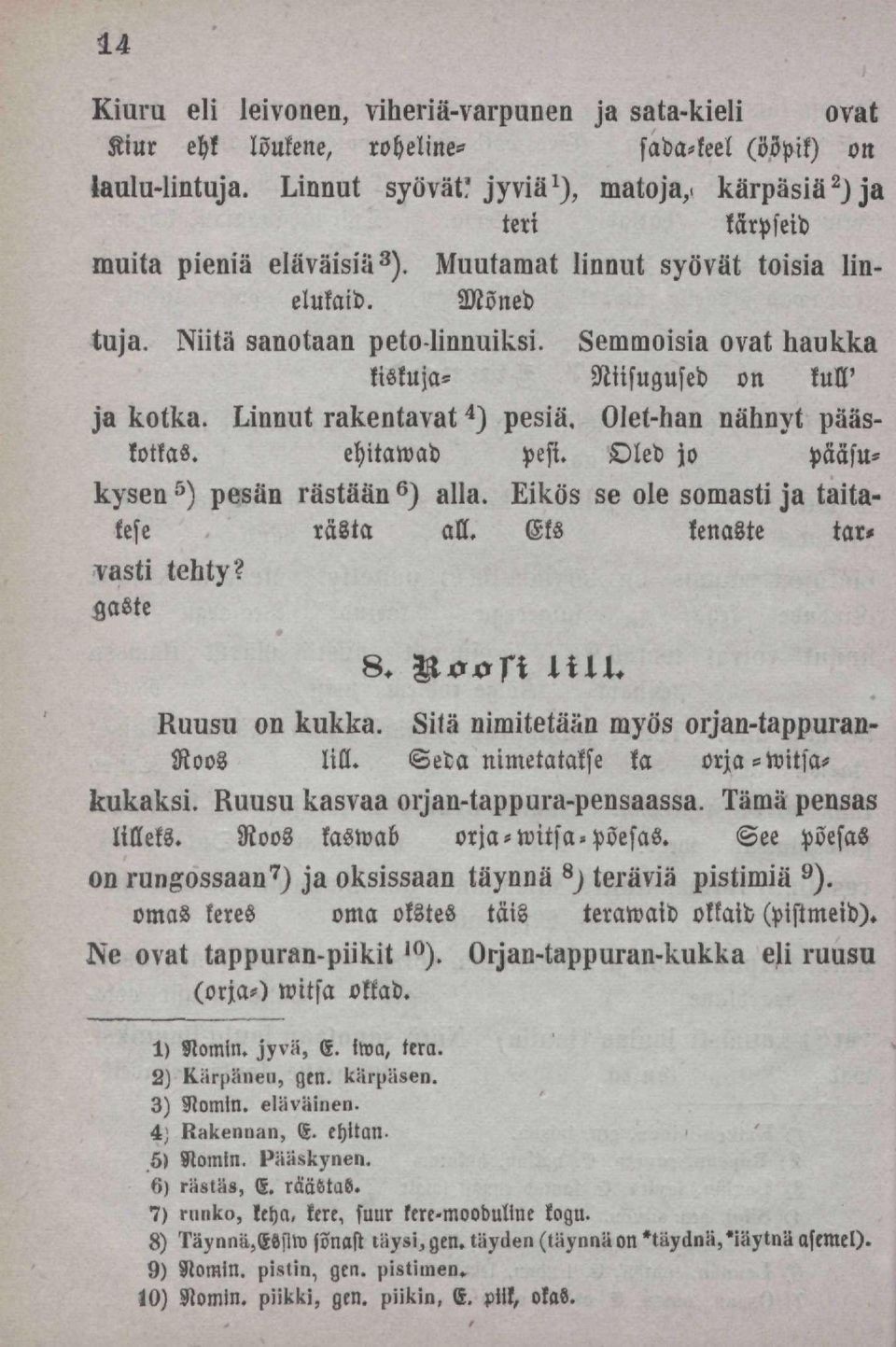 Semmoisia ovat haukka kiskuja- Niisugused on kull' ja kotka. Linnut rakentavat 4 ) pesiä. Olet-han nähnyt pääskottas. ehitawad pefi. Oled jo pääsukysen 5 ) pesän rästään 6 ) alla.