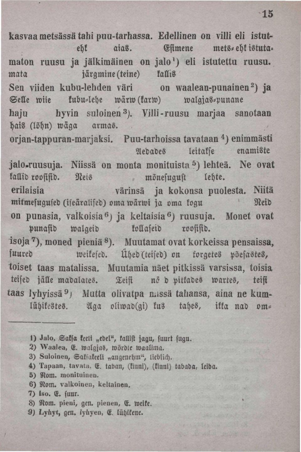 Villi-ruiisu marjaa sanotaan hais (lohu) wäga armas. orjan-tappuran-maijaksi. Puu-tarhoissa tavataan 4 ) enimmästi Aedades leitakse enamiste jalo.ruusuja. Niissä on rnonta monituista 5 ) lehteä.