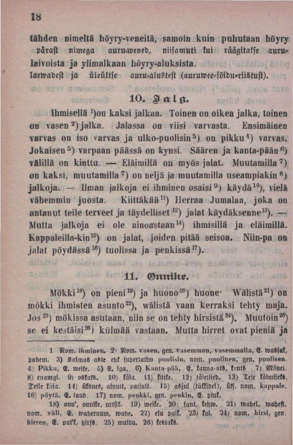 Ensirnäinen varvas on iso varvas ja ulko-puolisin a ) on pikku 4 ) varvas Jokaisen ö ) varpaan päässä on kynsi. Sääreu ja kanta-pään fi ) vfilillä on kinttu Eläiniillä on niyös jalal.