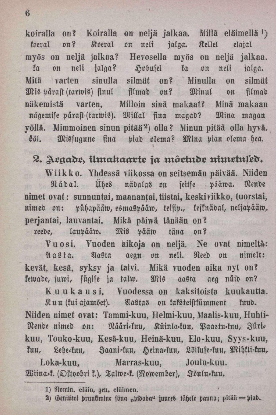 Mina niakaan nägemise pärast (tarwis). Millal sina magad? Mina magan yõllä. Mirnmoiuen sinun pitää 2 ) olla? Minun pitää olla hyvä. ööl. Missugune sina piad olema? Mina pian olema hea. 3.