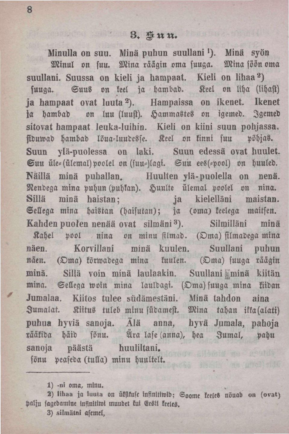 Kieli on kiini 8uun pohjassa, siduwad hambad lõua-iuudesfe. Keel on kinni suu põhjas. Suun ylä-puolessa on laki. Suun edessä ovat huulel. Suu üle- (ülemal) poolel on (suu-)lagi.