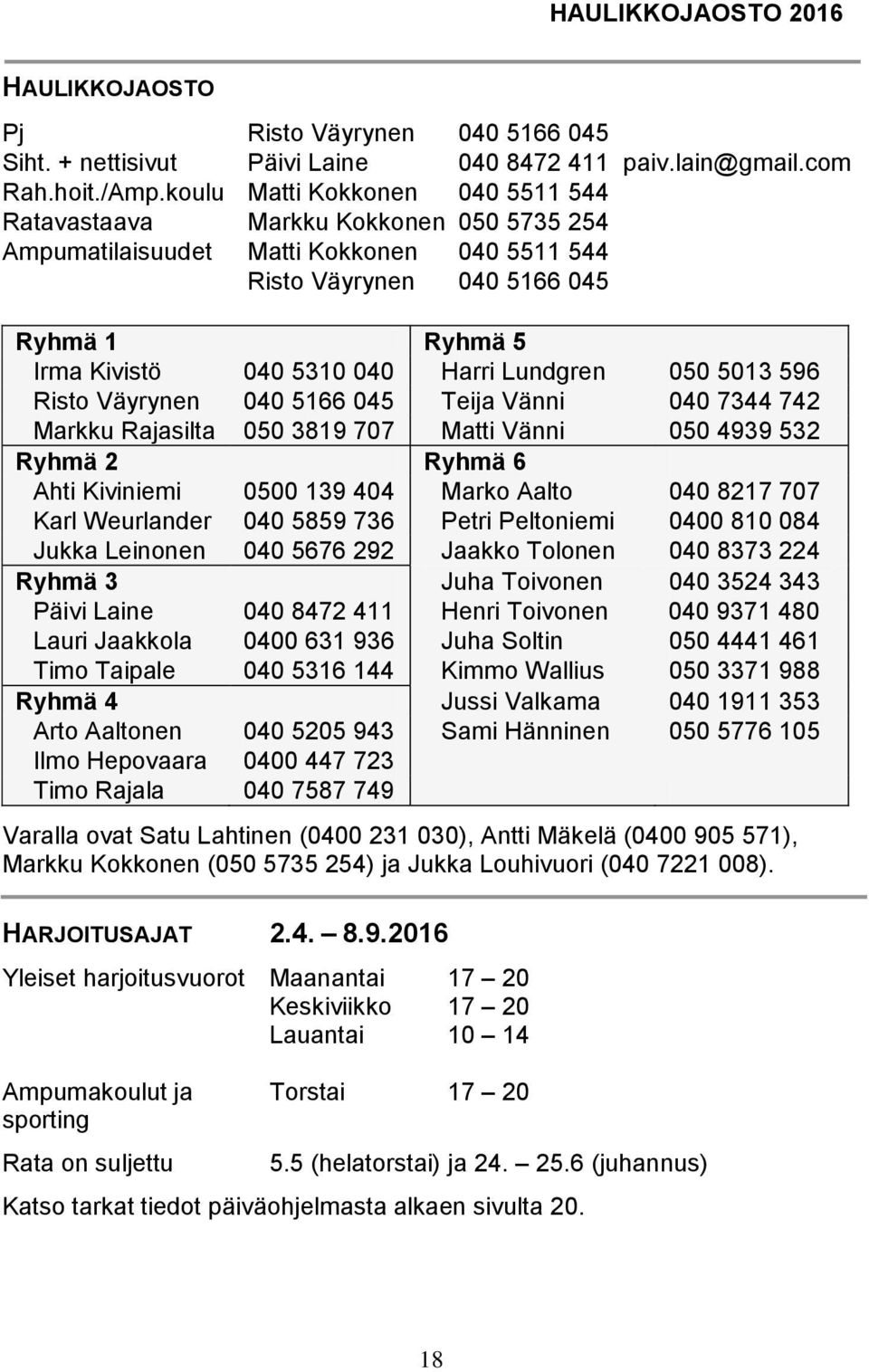 Lundgren 050 5013 596 Risto Väyrynen 040 5166 045 Teija Vänni 040 7344 742 Markku Rajasilta 050 3819 707 Matti Vänni 050 4939 532 Ryhmä 2 Ryhmä 6 Ahti Kiviniemi Karl Weurlander 0500 139 404 040 5859