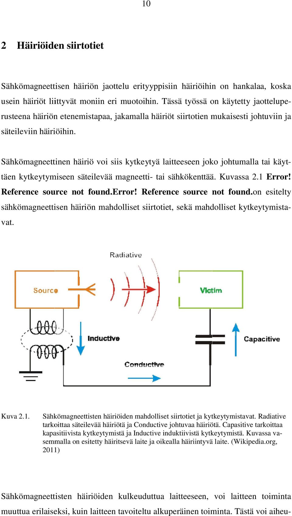 Sähkömagneettinen häiriö voi siis kytkeytyä laitteeseen joko johtumalla tai käyt- täen kytkeytymiseen säteilevää magneetti- tai sähkökenttää. Kuvassa 2.1 Error! Reference source not found.error!