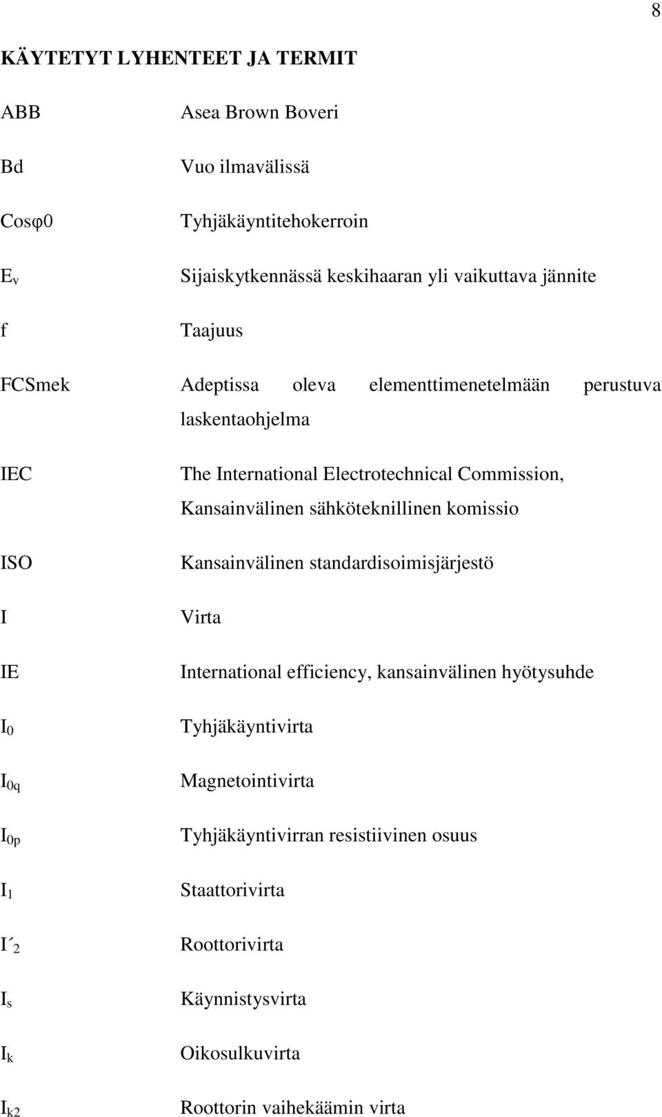 sähköteknillinen komissio Kansainvälinen standardisoimisjärjestö Virta International efficiency, kansainvälinen hyötysuhde I 0 Tyhjäkäyntivirta I 0q