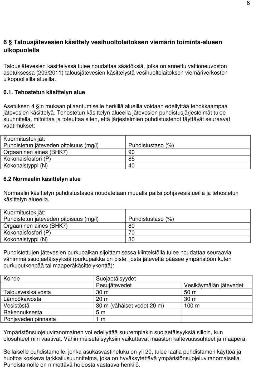 Tehostetun käsittelyn alueella jätevesien puhdistusjärjestelmät tulee suunnitella, mitoittaa ja toteuttaa siten, että järjestelmien puhdistustehot täyttävät seuraavat vaatimukset: Kuormitustekijät: