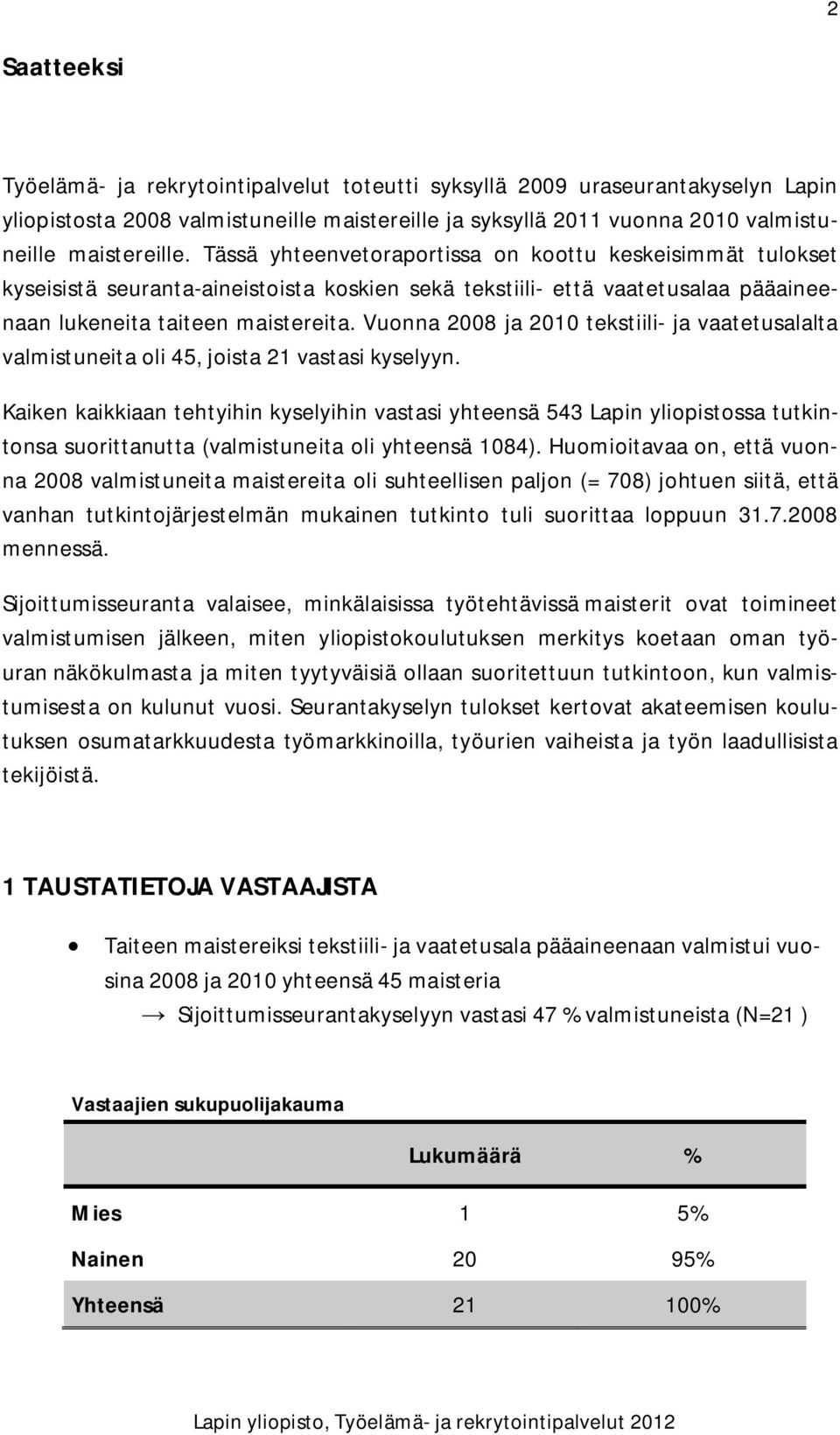 Vuonna 2008 ja 2010 tekstiili- ja vaatetusalalta valmistuneita oli 45, joista 21 vastasi kyselyyn.