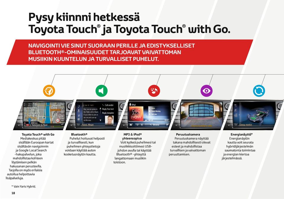 Toyota Touch with Go Mediakeskus pitää sisällään Euroopan kartat sisältävän navigoinnin ja Google Local Search -hakupalvelun, joka mahdollistaa kohteen löytämisen pelkän hakusanan perusteella.