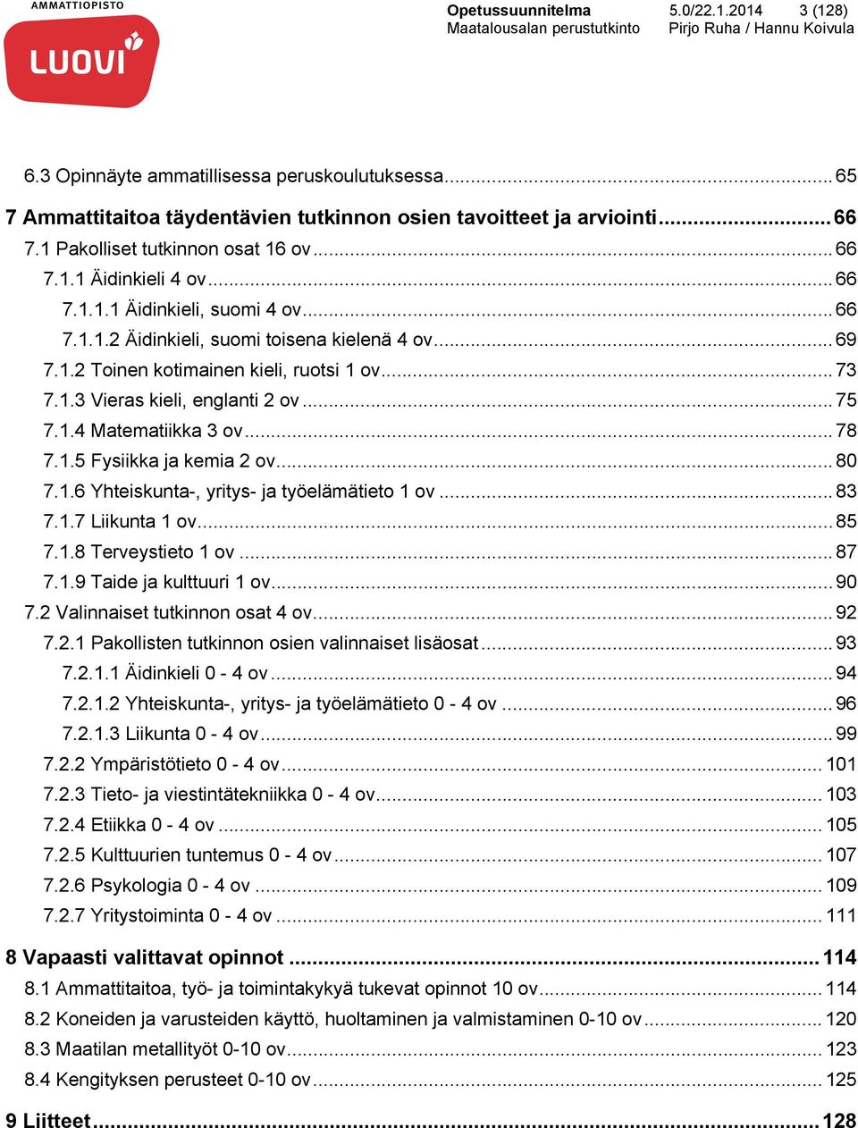 .. 73 7.1.3 Vieras kieli, englanti 2 ov... 75 7.1.4 Matematiikka 3 ov... 78 7.1.5 Fysiikka ja kemia 2 ov... 80 7.1.6 Yhteiskunta-, yritys- ja työelämätieto 1 ov... 83 7.1.7 Liikunta 1 ov... 85 7.1.8 Terveystieto 1 ov.