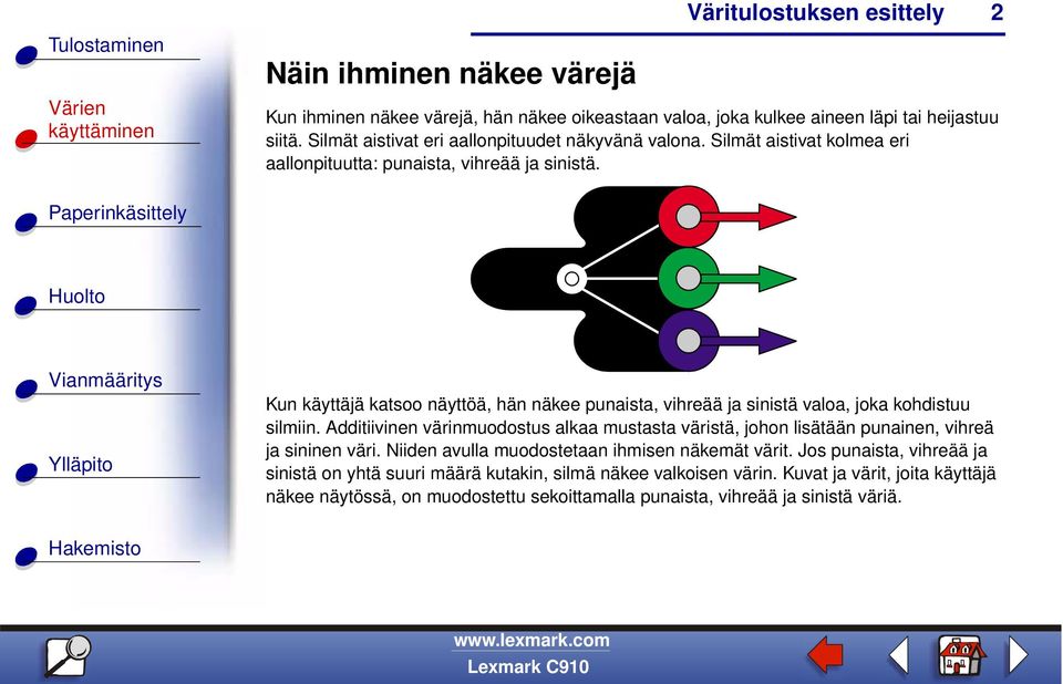 Additiivinen värinmuodostus alkaa mustasta väristä, johon lisätään punainen, vihreä ja sininen väri. Niiden avulla muodostetaan ihmisen näkemät värit.