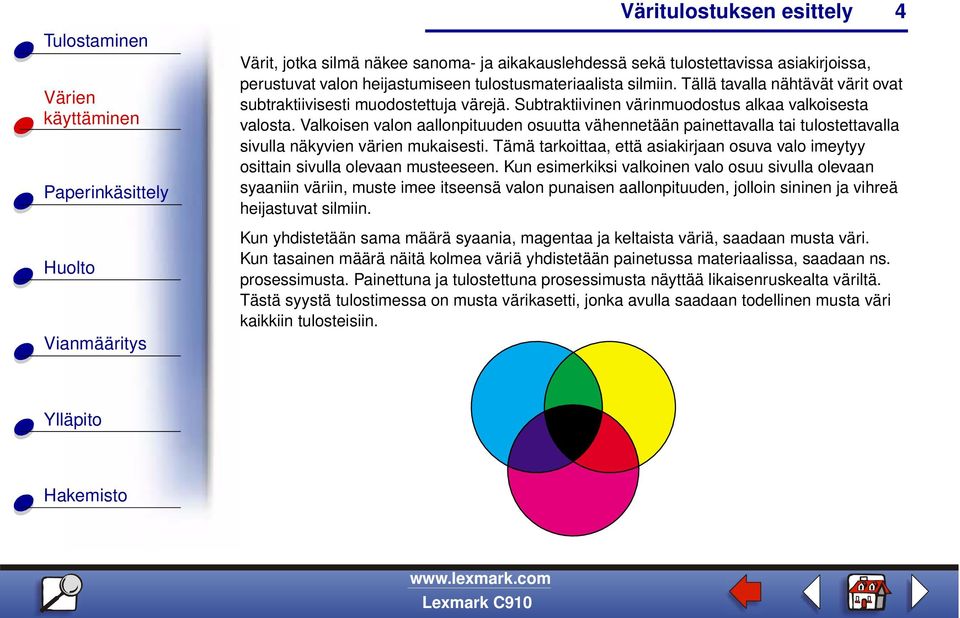 Valkoisen valon aallonpituuden osuutta vähennetään painettavalla tai tulostettavalla sivulla näkyvien värien mukaisesti.