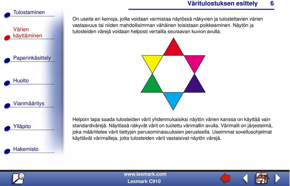 6 Helpoin tapa saada tulosteiden värit yhdenmukaisiksi näytön värien kanssa on käyttää vain standardivärejä.