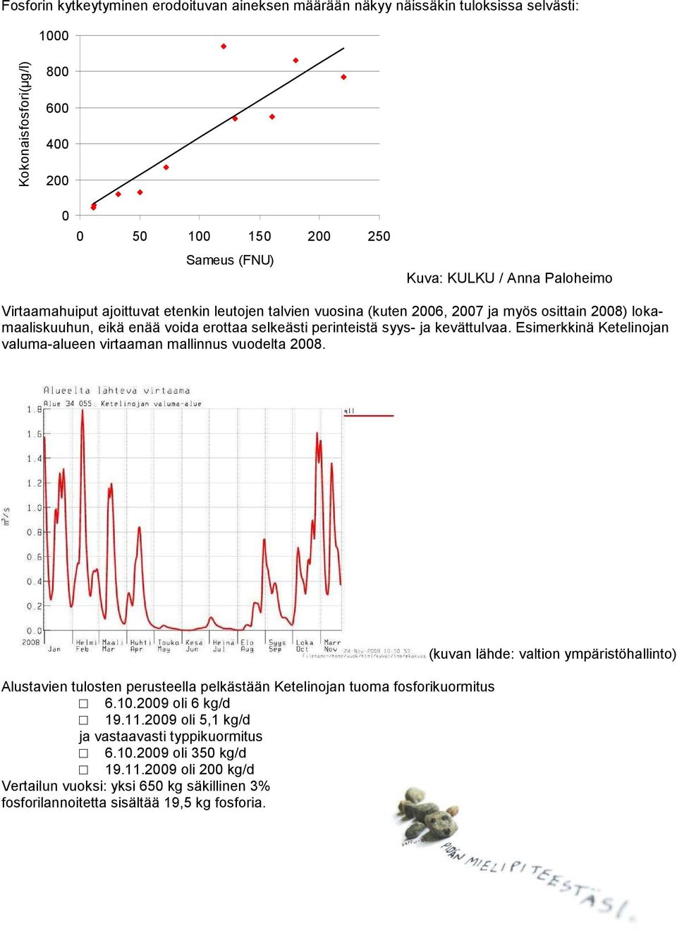 Esimerkkinä Ketelinojan valuma-alueen virtaaman mallinnus vuodelta 2008. Alustavien tulosten perusteella pelkästään Ketelinojan tuoma fosforikuormitus 6.10.2009 oli 6 kg/d 19.11.