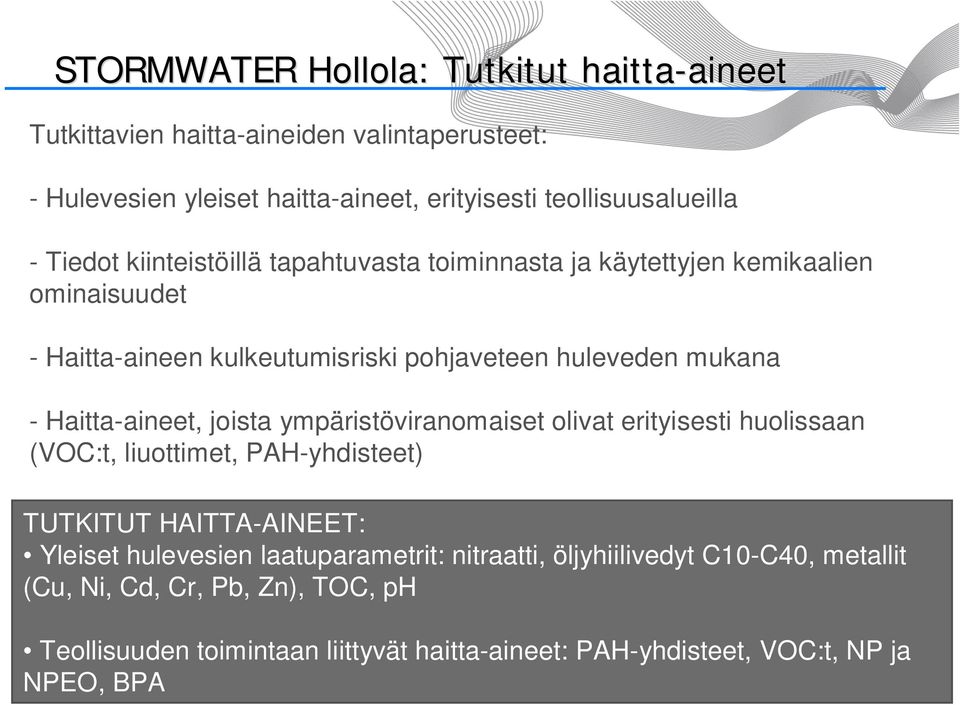 mukana - Haitta-aineet, joista ympäristöviranomaiset olivat erityisesti huolissaan (VOC:t, liuottimet, PAH-yhdisteet) TUTKITUT HAITTA-AINEET: Yleiset hulevesien