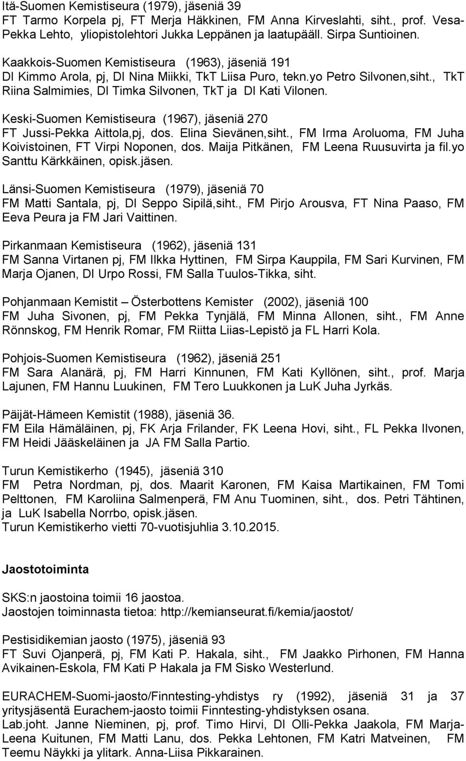 Keski-Suomen Kemistiseura (1967), jäseniä 270 FT Jussi-Pekka Aittola,pj, dos. Elina Sievänen,siht., FM Irma Aroluoma, FM Juha Koivistoinen, FT Virpi Noponen, dos.