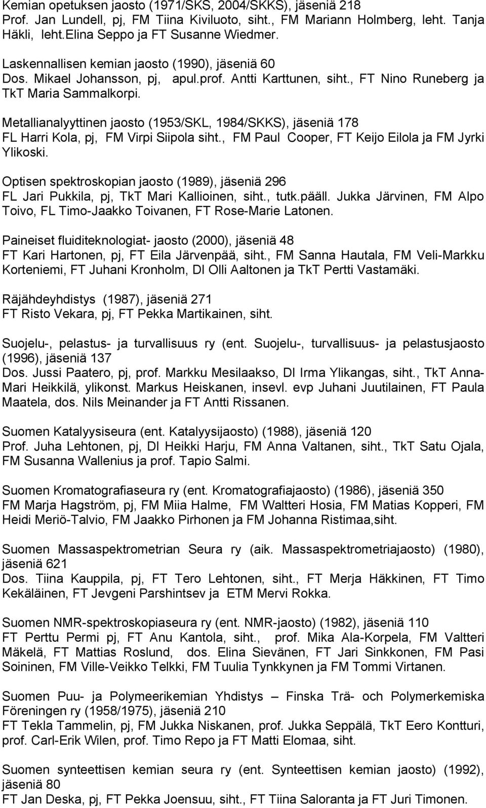 Metallianalyyttinen jaosto (1953/SKL, 1984/SKKS), jäseniä 178 FL Harri Kola, pj, FM Virpi Siipola siht., FM Paul Cooper, FT Keijo Eilola ja FM Jyrki Ylikoski.