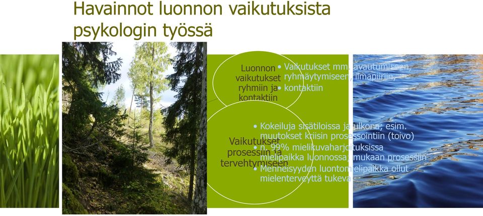 sisätiloissa ja ulkona; esim. muutokset kriisin prosessointiin (toivo) n.