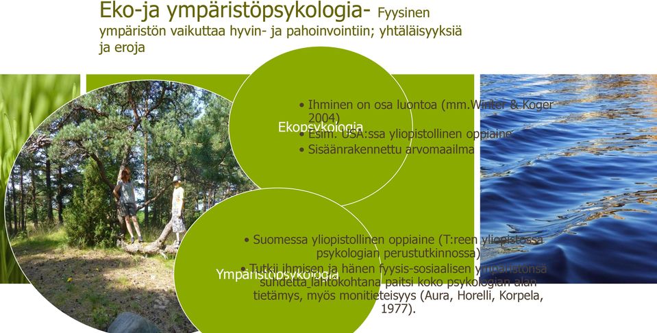 USA:ssa yliopistollinen oppiaine Sisäänrakennettu arvomaailma Ekopsykologia Suomessa yliopistollinen oppiaine (T:reen