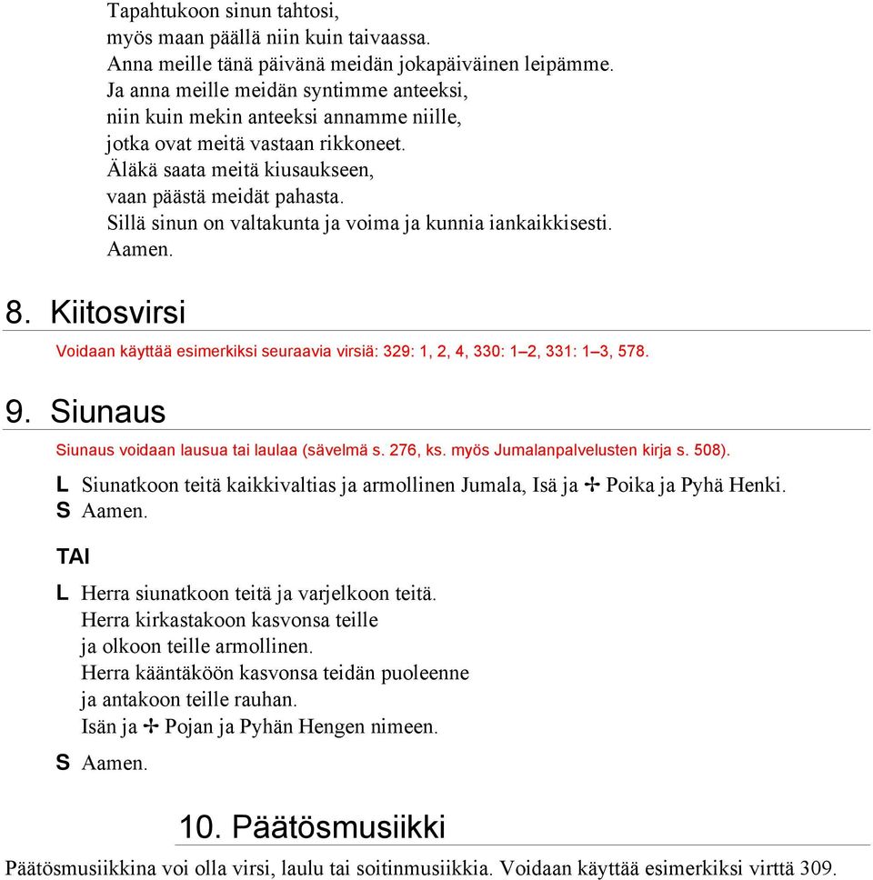 illä sinun on valtakunta ja voima ja kunnia iankaikkisesti. Aamen. Voidaan käyttää esimerkiksi seuraavia virsiä: 329: 1, 2, 4, 330: 1 2, 331: 1 3, 578. 9.