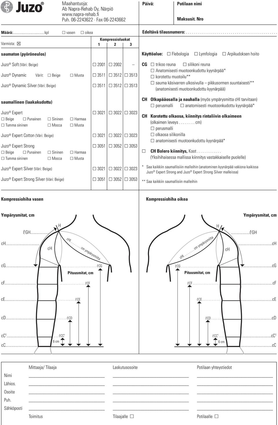 ............................................ saumaton (pyöröneulos) Käyttöalue: Flebologia Lymfologia Arpikudoksen hoito Juzo Soft (Väri: Beige) 2001 2002 Juzo Dynamic Värit: Beige Musta 3511 3512