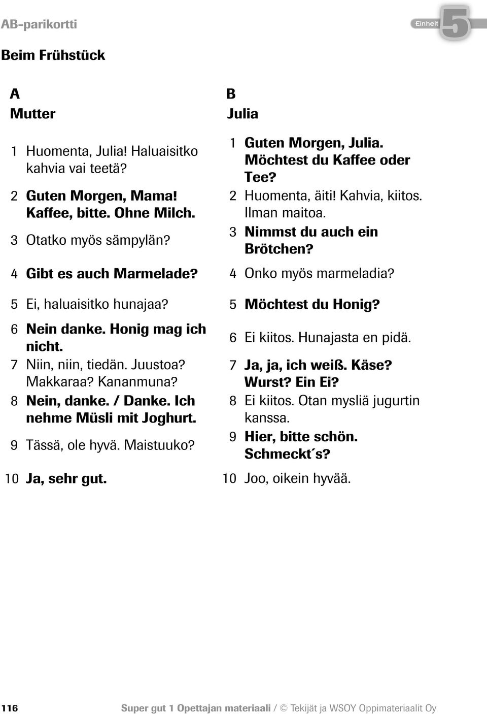 Ei, haluaisitko hunajaa? Möchtest du Honig? 6 Nein danke. Honig mag ich nicht. 7 Niin, niin, tiedän. Juustoa? Makkaraa? Kananmuna? 8 Nein, danke. / Danke. Ich nehme Müsli mit Joghurt.