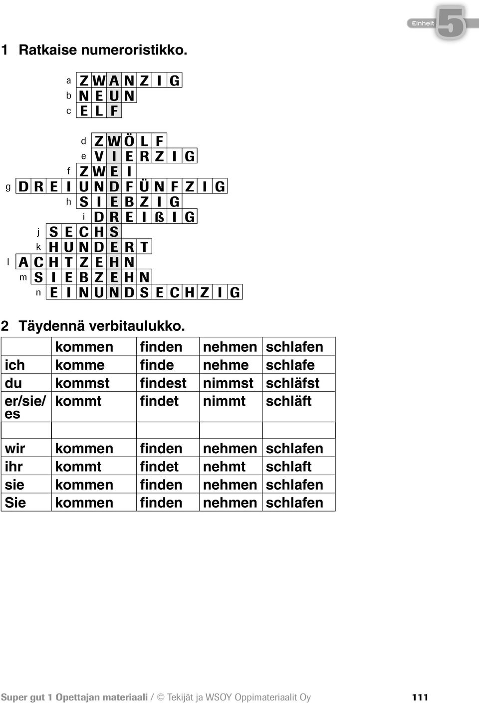 k HUNDERT ACHTZEHN m S I E B Z E H N n E I NUNDS ECHZ I G 2 Täydennä verbitaulukko.