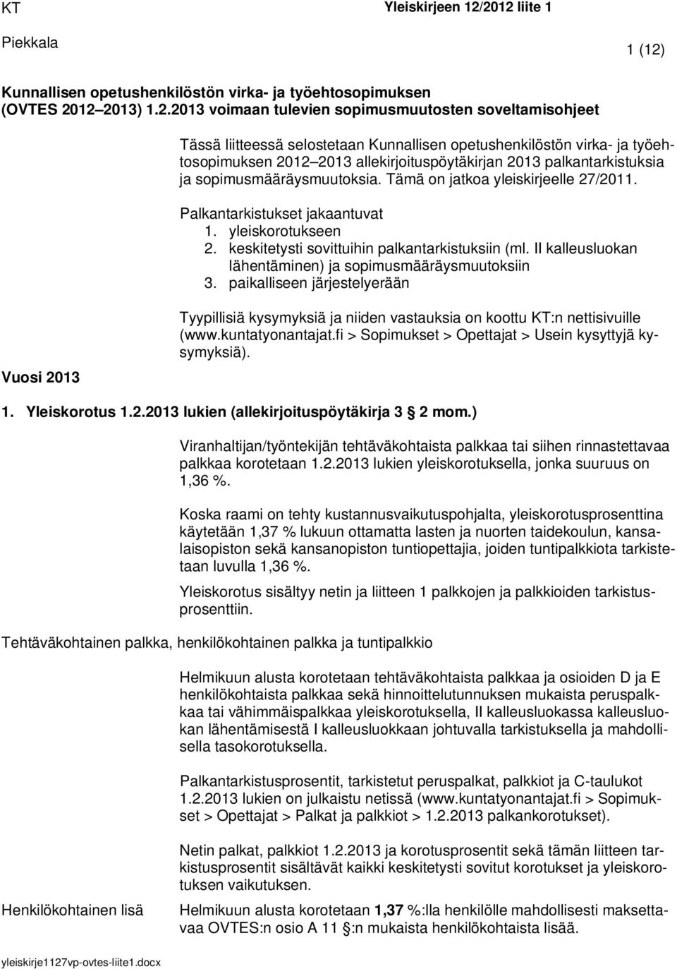 Kunnallisen opetushenkilöstön virka- ja työehtosopimuksen 2012 2013 allekirjoituspöytäkirjan 2013 palkantarkistuksia ja sopimusmääräysmuutoksia. Tämä on jatkoa yleiskirjeelle 27/2011.