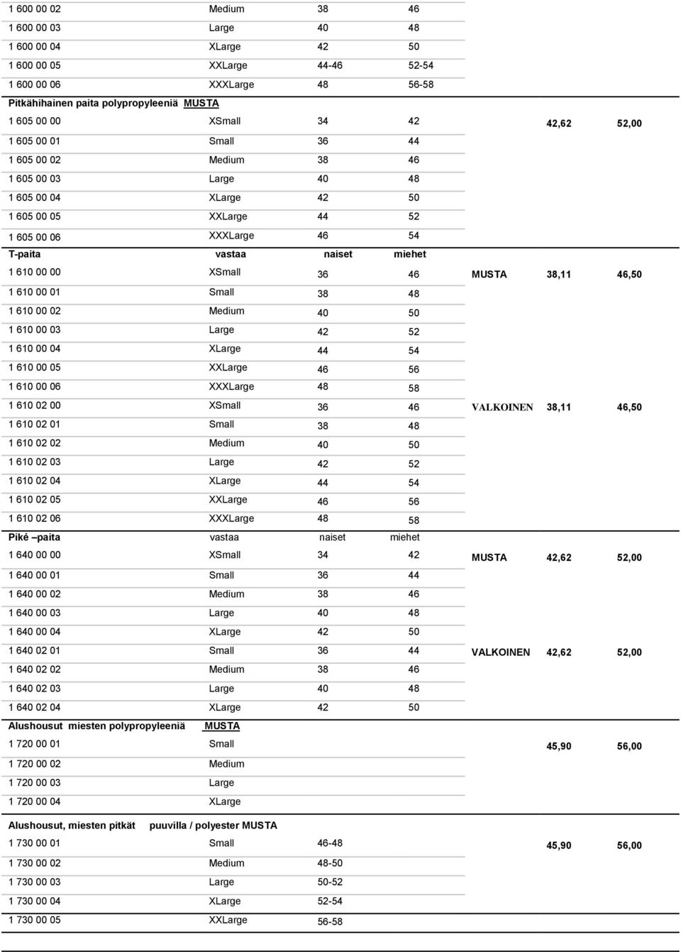 610 00 00 XSmall 36 46 MUSTA 38,11 46,50 1 610 00 01 Small 38 48 1 610 00 02 Medium 40 50 1 610 00 03 Large 42 52 1 610 00 04 XLarge 44 54 1 610 00 05 XXLarge 46 56 1 610 00 06 XXXLarge 48 58 1 610