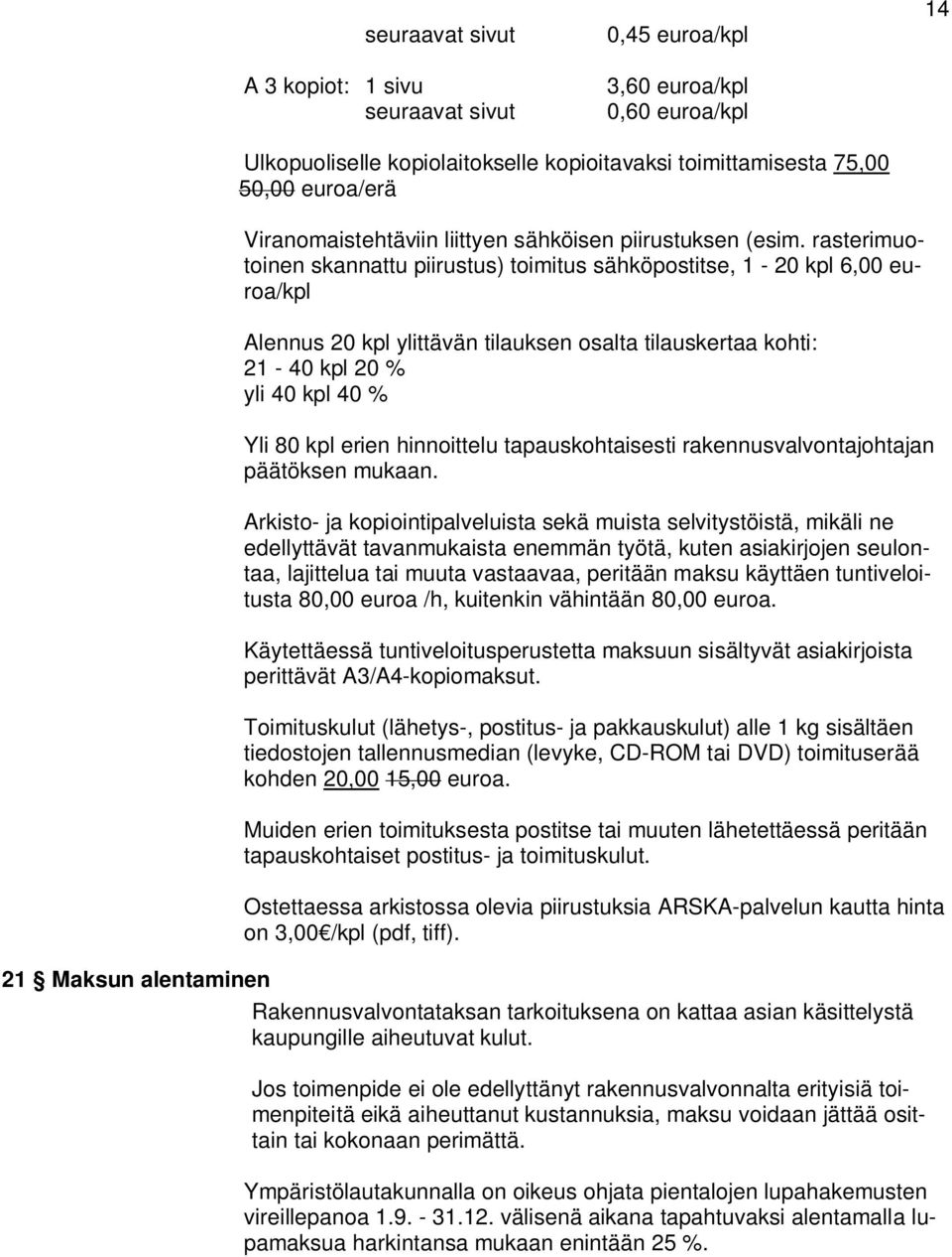 rasterimuotoinen skannattu piirustus) toimitus sähköpostitse, 1-20 kpl 6,00 euroa/kpl Alennus 20 kpl ylittävän tilauksen osalta tilauskertaa kohti: 21-40 kpl 20 % yli 40 kpl 40 % Yli 80 kpl erien