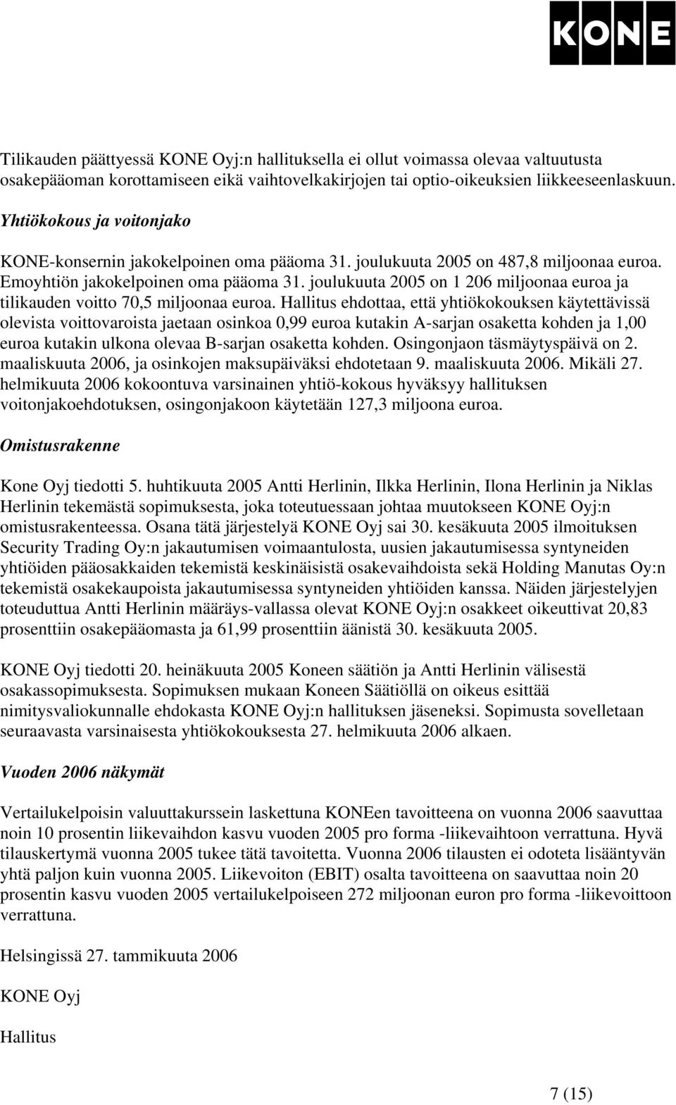 joulukuuta 2005 on 1 206 miljoonaa euroa ja tilikauden voitto 70,5 miljoonaa euroa.