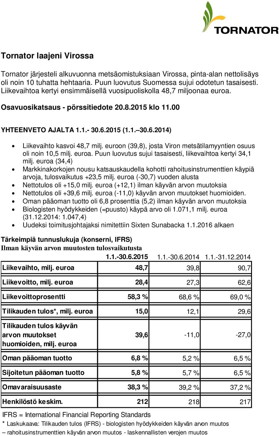 euroon (39,8), josta Viron metsätilamyyntien osuus oli noin 10,5 milj. euroa. Puun luovutus sujui tasaisesti, liikevaihtoa kertyi 34,1 milj.