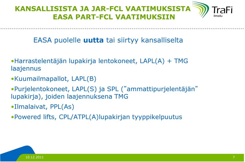 Kuumailmapallot, LAPL(B) Purjelentokoneet, LAPL(S) ja SPL ( ammattipurjelentäjän lupakirja),