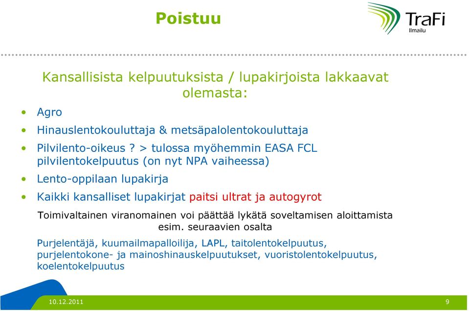 > tulossa myöhemmin EASA FCL pilvilentokelpuutus (on nyt NPA vaiheessa) Lento-oppilaan lupakirja Kaikki kansalliset lupakirjat paitsi