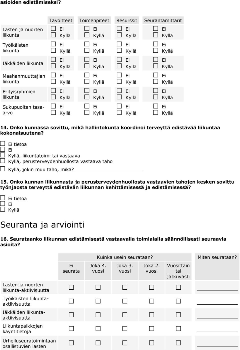 Onko kunnassa sovittu, mikä hallintokunta koordinoi terveyttä edistävää liikuntaa kokonaisuutena? tietoa, liikuntatoimi tai vastaava, perusterveydenhuollosta vastaava taho, jokin muu taho, mikä? 15.