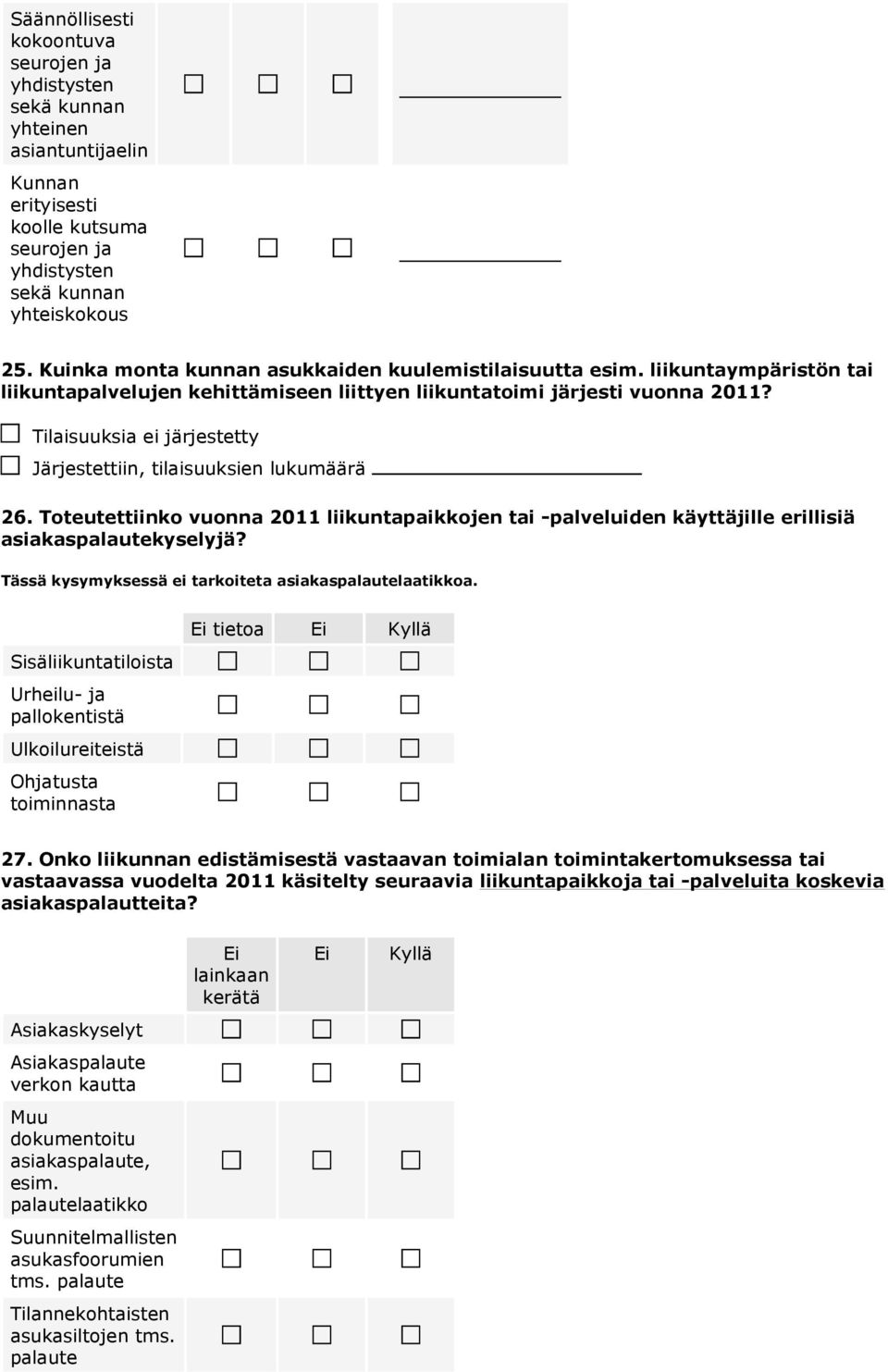Tilaisuuksia ei järjestetty Järjestettiin, tilaisuuksien lukumäärä 26. Toteutettiinko vuonna 2011 liikuntapaikkojen tai -palveluiden käyttäjille erillisiä asiakaspalautekyselyjä?