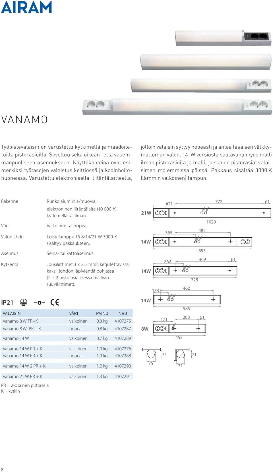 Varustettu elektronisella liitäntälaitteella, jolloin valaisin syttyy nopeasti ja antaa tasaisen välkkymättömän valon.