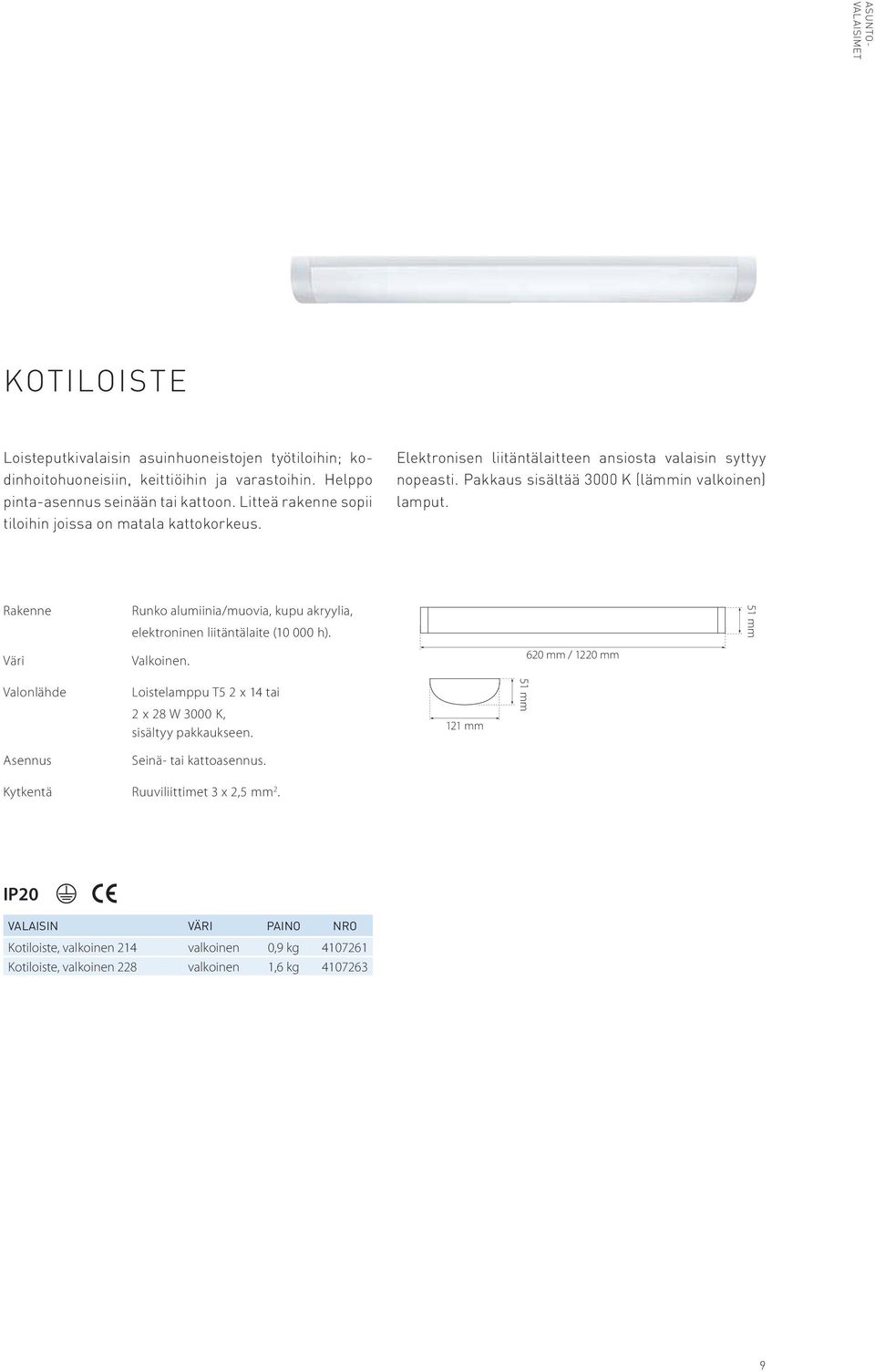 Rakenne Runko alumiinia/muovia, kupu akryylia, elektroninen liitäntälaite (10 000 h). 51 mm Väri Valkoinen.