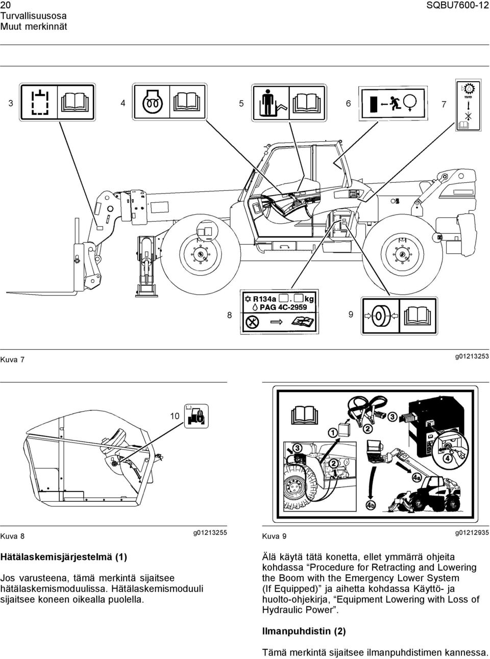 Älä käytä tätä konetta, ellet ymmärrä ohjeita kohdassa Procedure for Retracting and Lowering the Boom with the Emergency Lower System (If