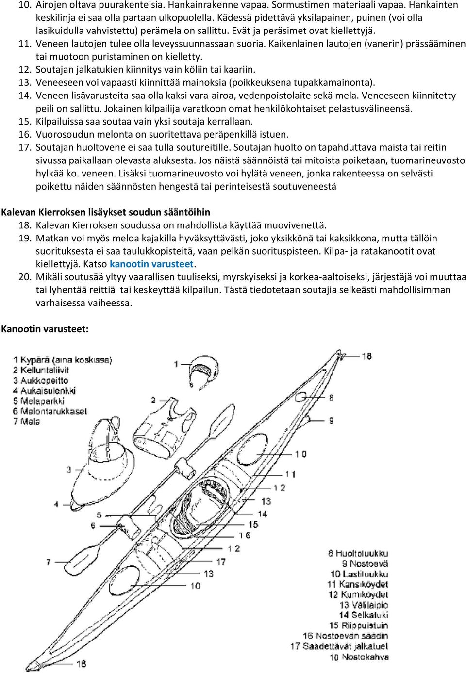 Kaikenlainen lautojen (vanerin) prässääminen tai muotoon puristaminen on kielletty. 12. Soutajan jalkatukien kiinnitys vain köliin tai kaariin. 13.