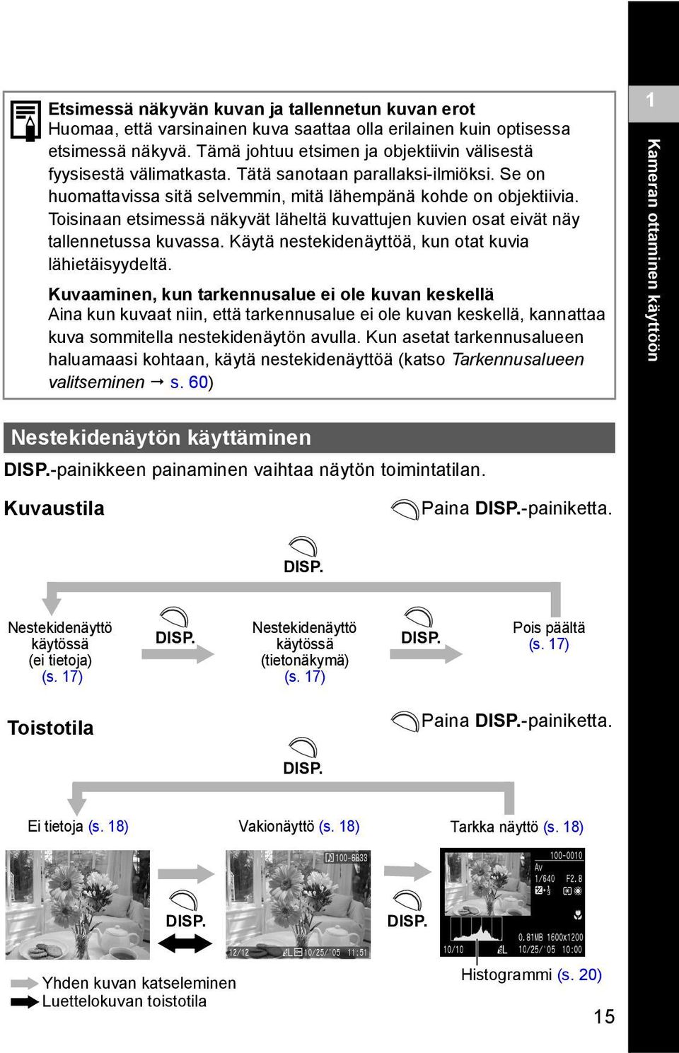 Toisinaan etsimessä näkyvät läheltä kuvattujen kuvien osat eivät näy tallennetussa kuvassa. Käytä nestekidenäyttöä, kun otat kuvia lähietäisyydeltä.