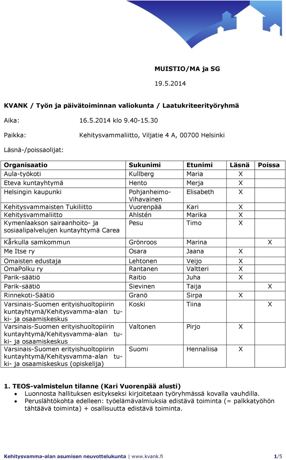 kaupunki Pohjanheimo- Elisabeth X Vihavainen Kehitysvammaisten Tukiliitto Vuorenpää Kari X Kehitysvammaliitto Ahlstén Marika X Kymenlaakson sairaanhoito- ja sosiaalipalvelujen kuntayhtymä Carea Pesu